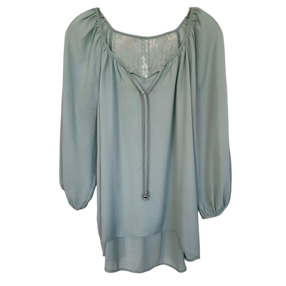 Heart Soul Plus 2X Women's Tunic Top Blouse w/ Lace Back, Front Tie - Blue